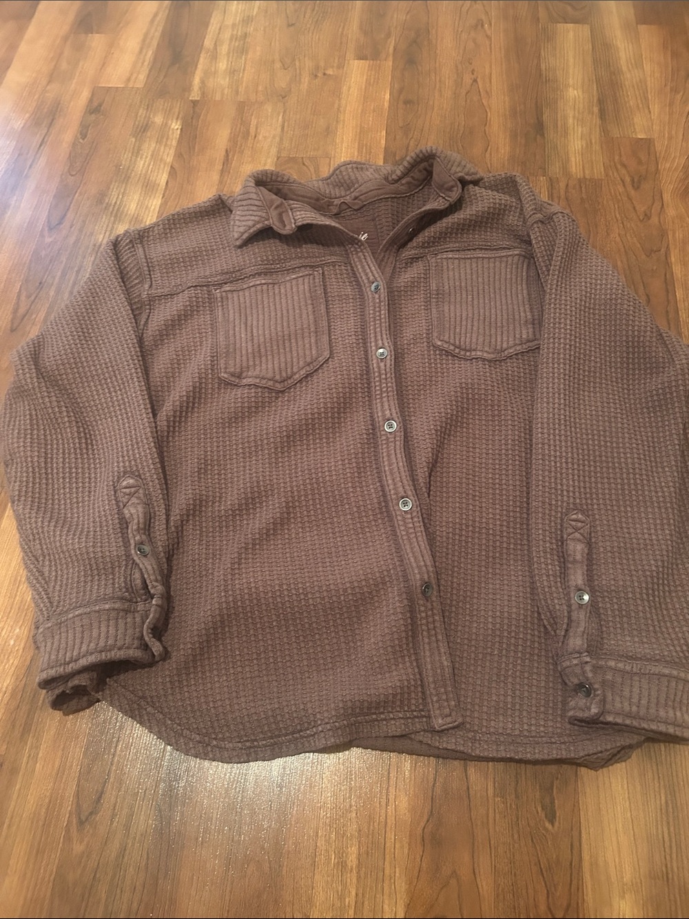 Brown Waffle-Knit Button-Up